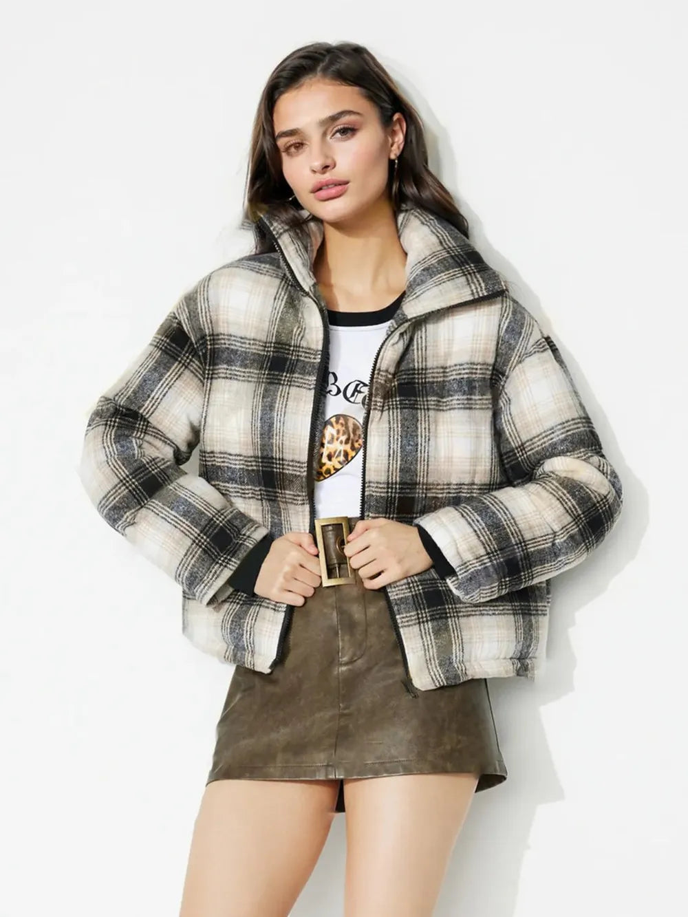 Plaid Zip Up Long Sleeve Jacket - Gray
