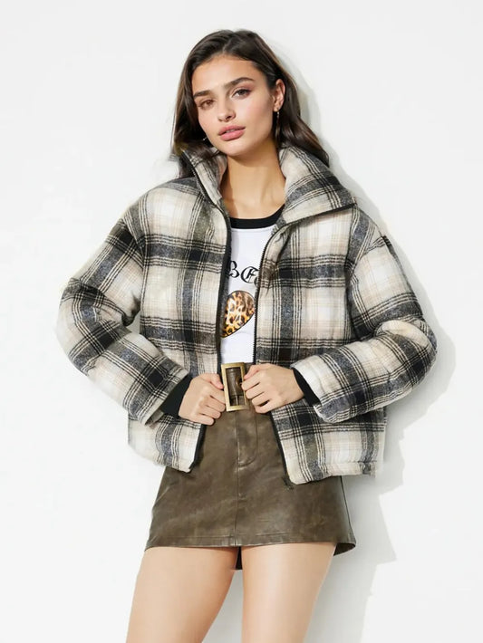 Plaid Zip Up Long Sleeve Jacket - Gray