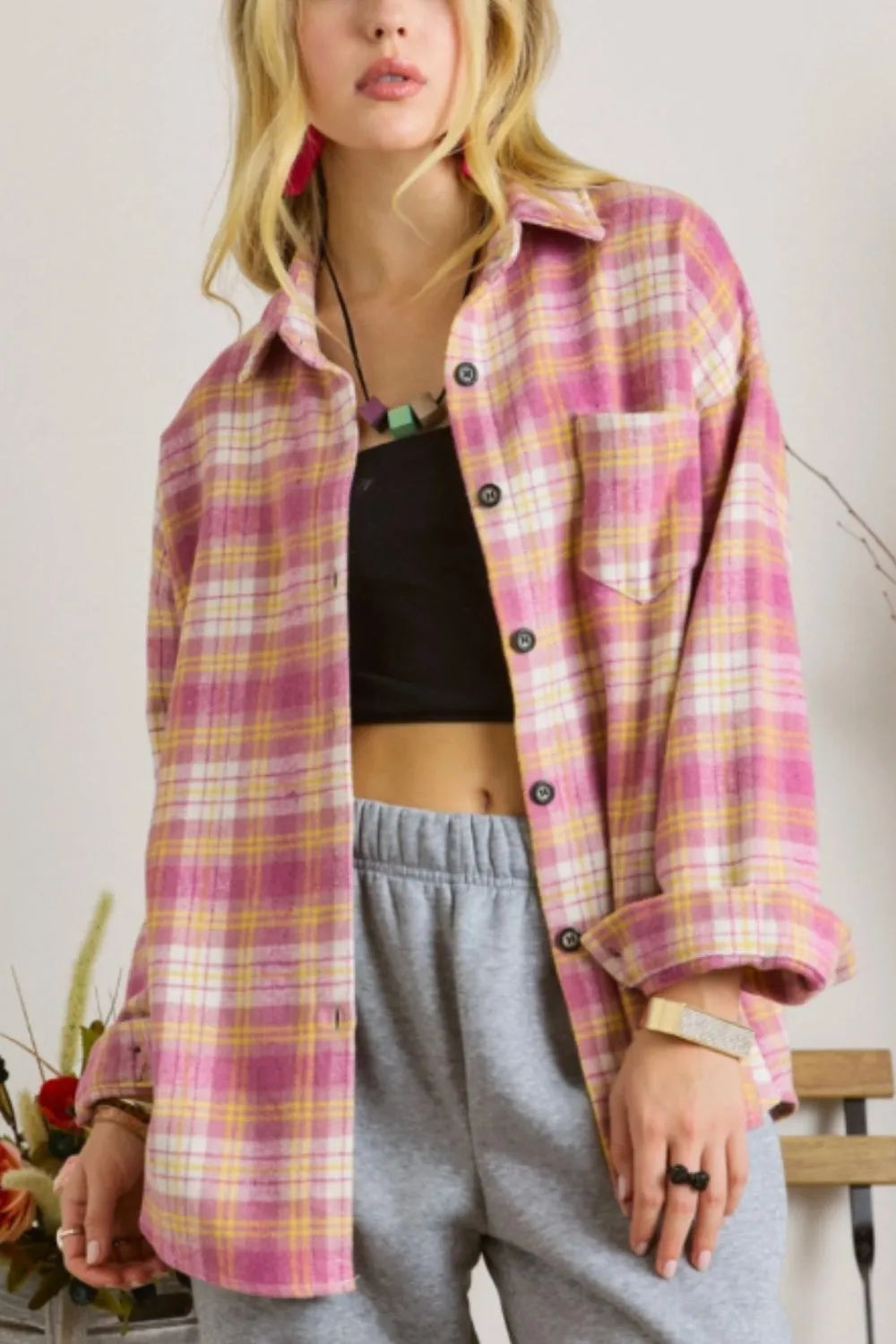 Plaid Collared Neck Button Up Shacket - Pink