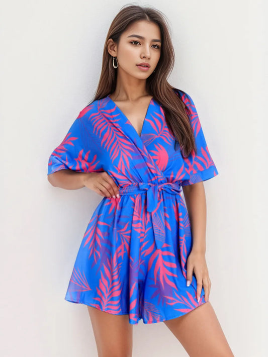 Printed Surplice Half Sleeve Romper - Blue