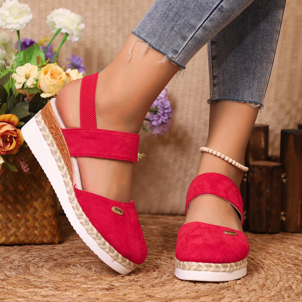 Espadrille Wedge Sandals - Red