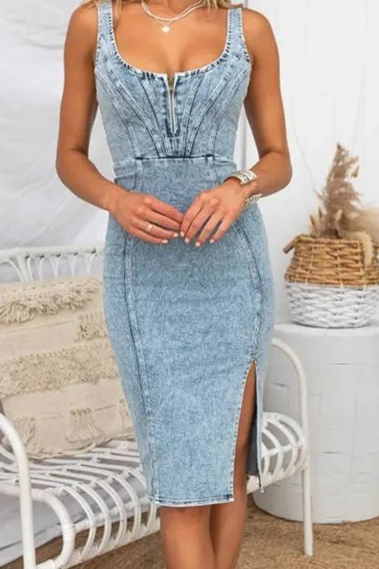 Side Slit Washed Scoop Neck Denim Dress -