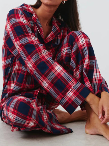 Plaid Collared Neck Button Up Top and Pants Lounge Set -
