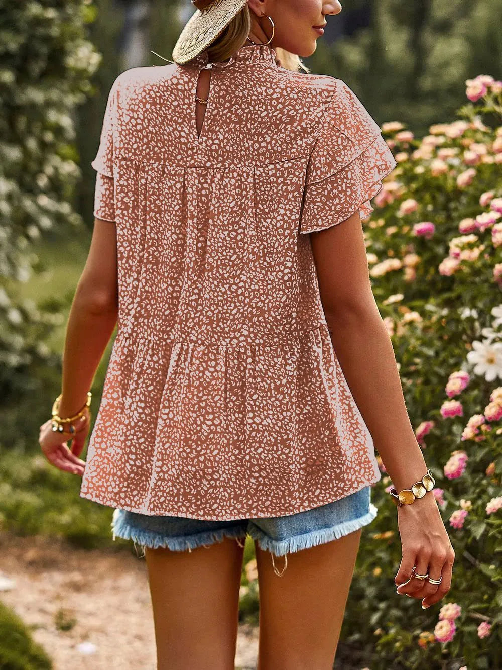 Printed Ruffle Sleeve Babydoll Blouse - Coffee
