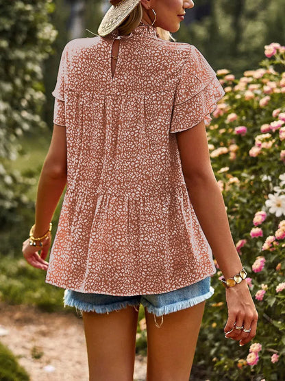 Printed Ruffle Sleeve Babydoll Blouse - Coffee