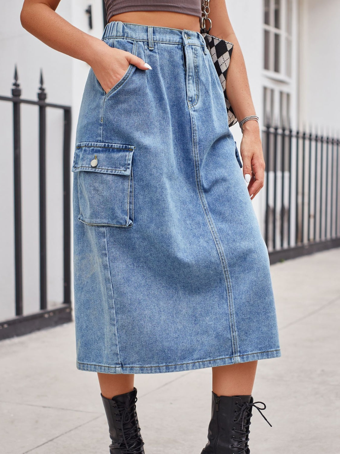 Slit Buttoned Denim Skirt with Pockets - Dusty Blue