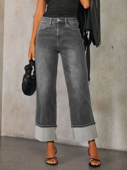 High Waisted Straight Leg Rolled Jeans - Dark