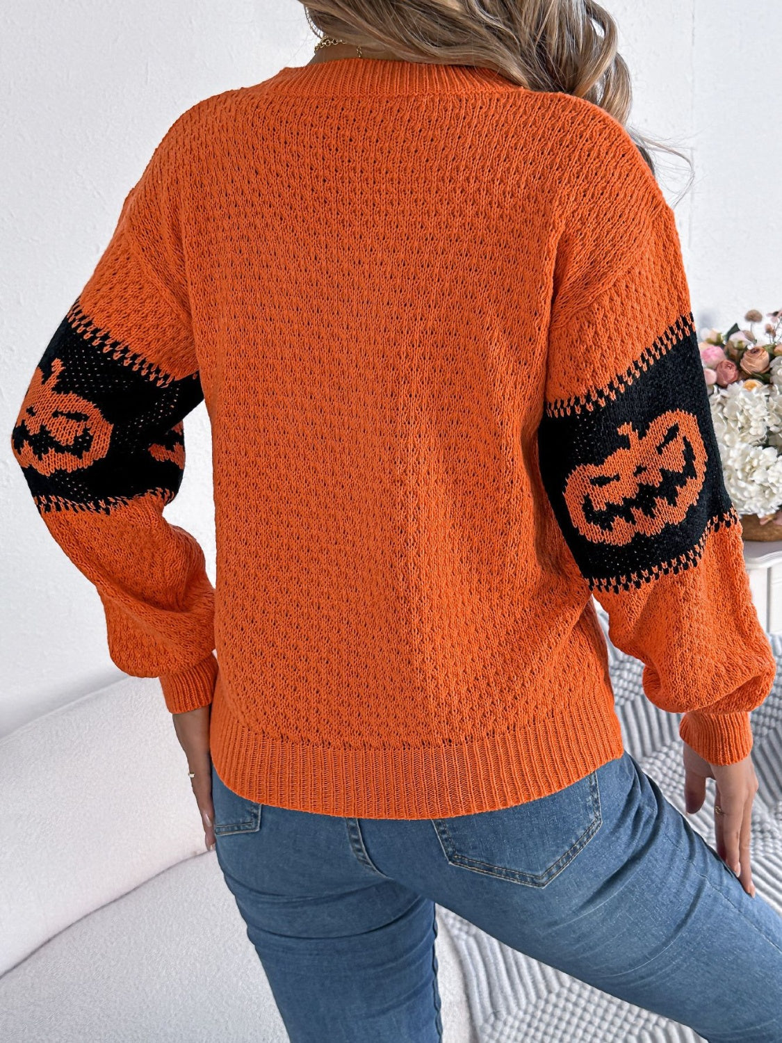 Pumpkin Round Neck Long Sleeve Sweater - Orange