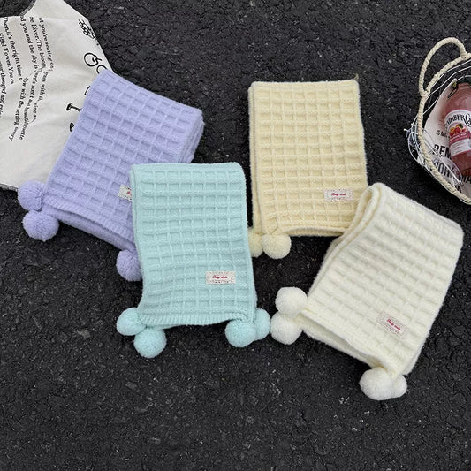 Waffle Knit Pom-Pom Scarf -