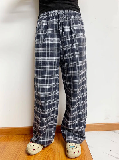 Plaid Drawstring Wide Leg Pants - Dusty Blue
