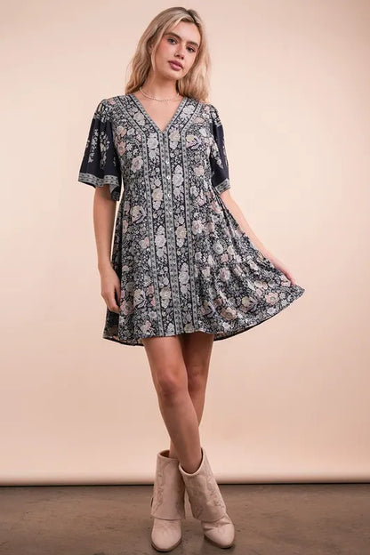 Shirring Detail Printed Woven Mini Dress - Navy