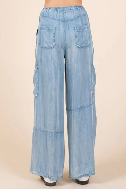 Washed Elastic Waist Cargo Wide Leg Pants -