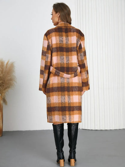 Tied Plaid Collared Neck Coat - Watermelon Pink