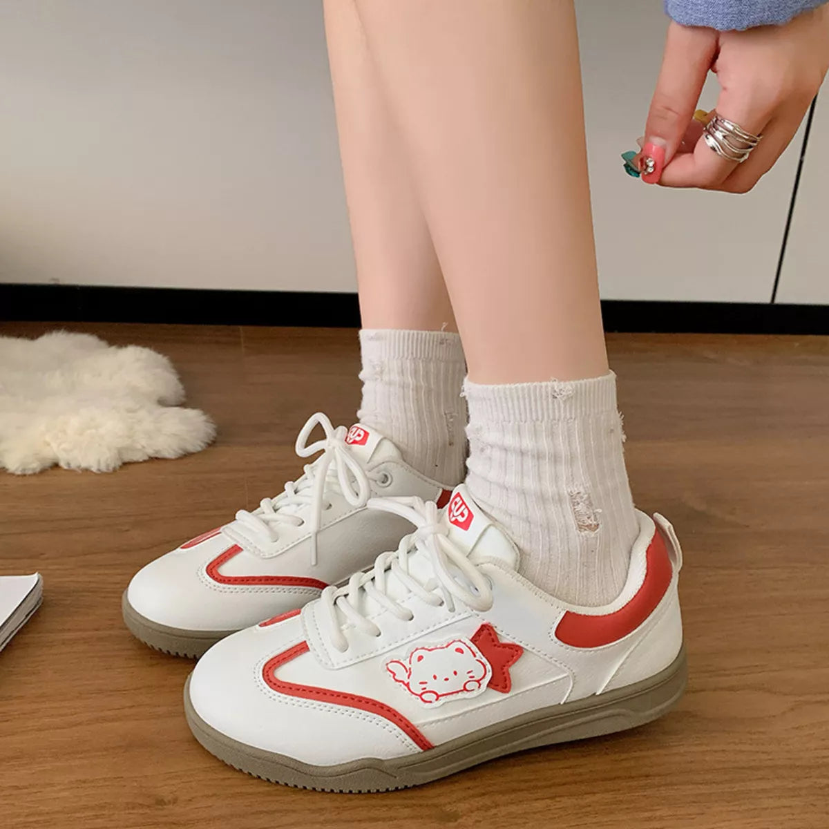 Lace Up Round Toe Sneakers - Red