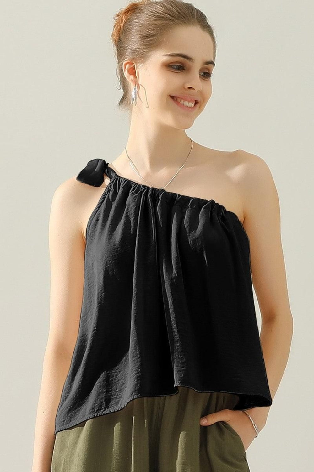 One Shoulder Bow Tie Strap Satin Silk Top - Black