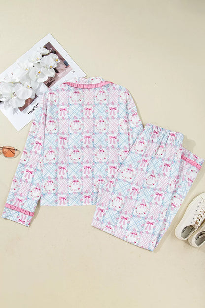 Wreath Pattern Tied Front Long Sleeve Pajama Set -