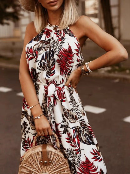 Tropical Floral Halter Neck Summer Dress - White