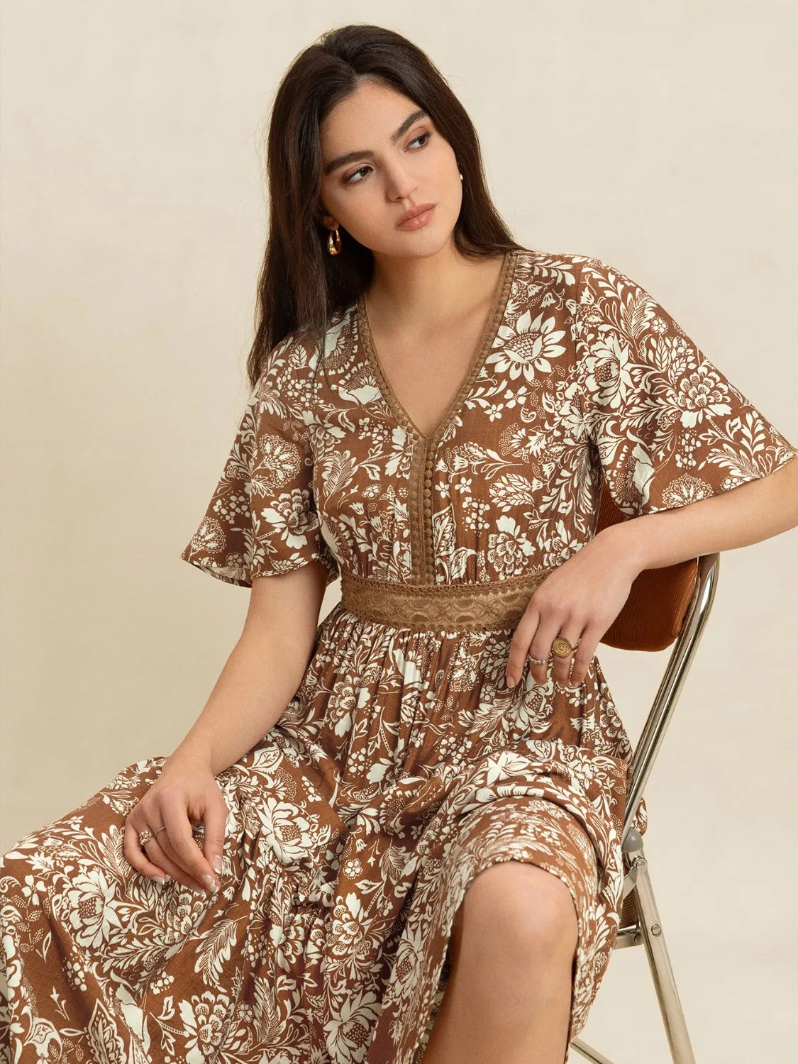 Lace Detail Printed Short Sleeve Midi Dress -
