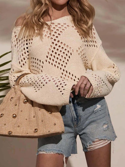 Openwork Boat Neck Long Sleeve Sweater - Beige