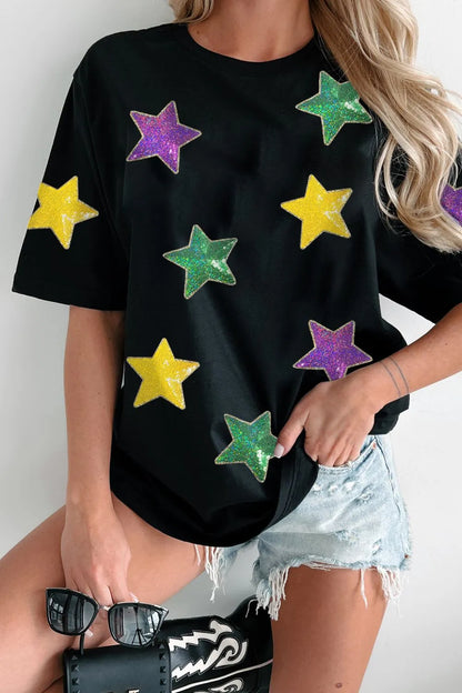 Sequin Stars Patched Round Neck T-Shirt - Black