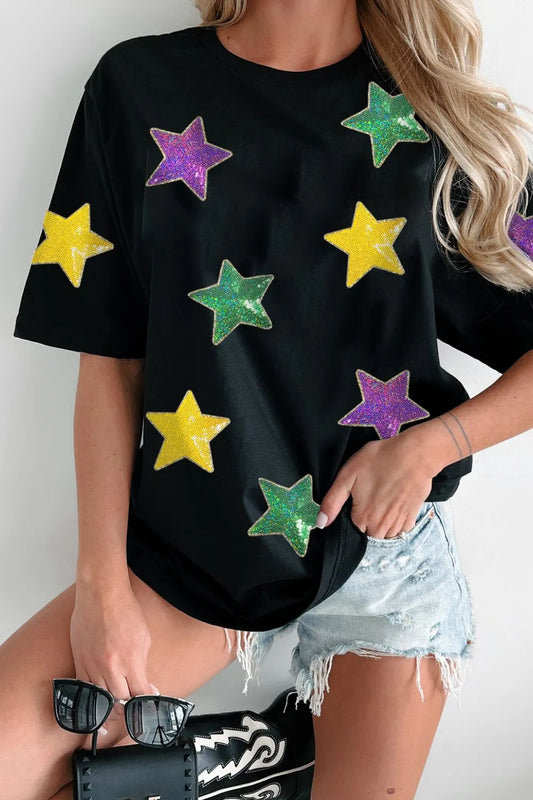 Sequin Stars Patched Round Neck T-Shirt - Black