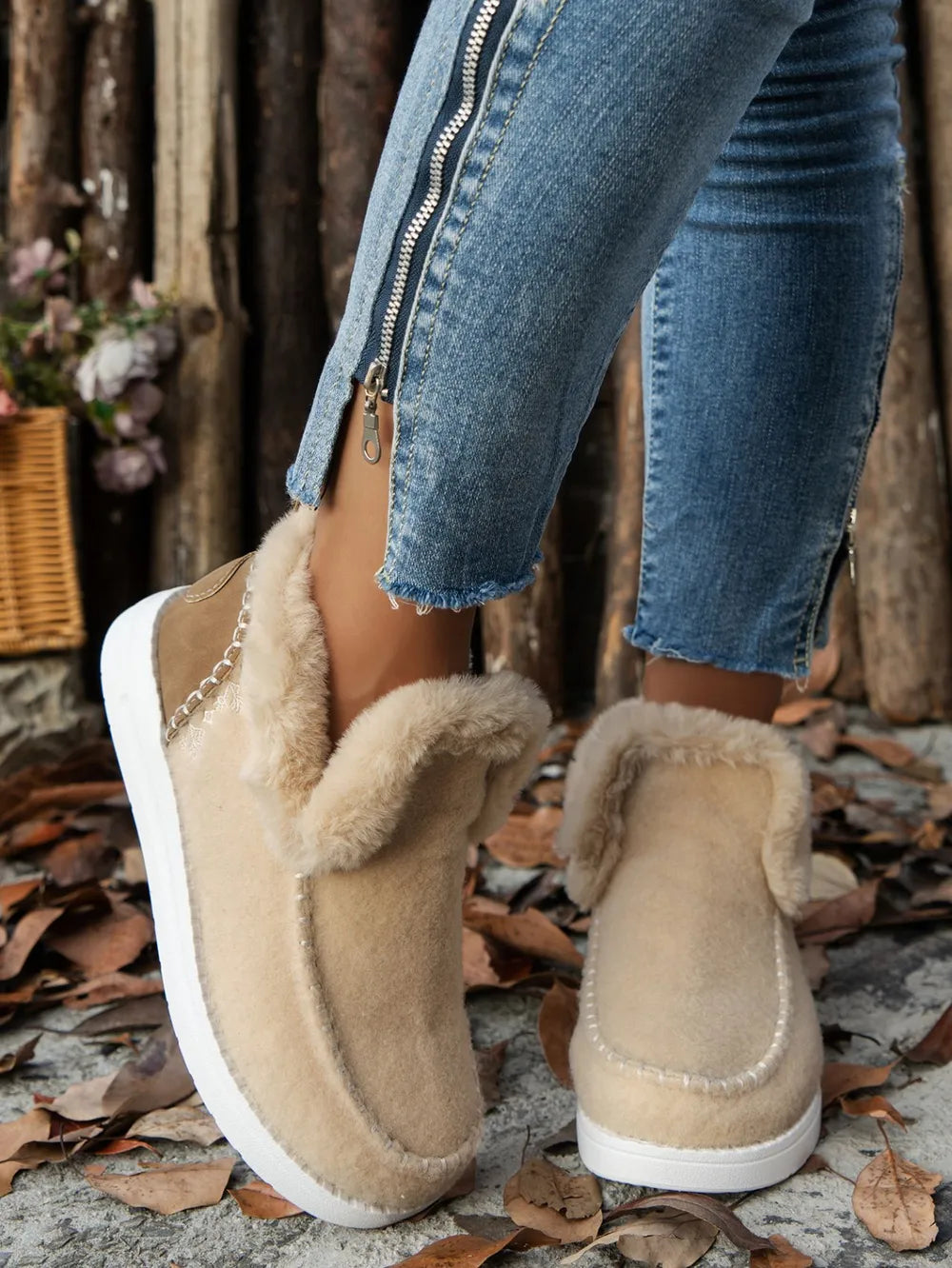Furry Suede Round Toe Flat Sneakers - Beige