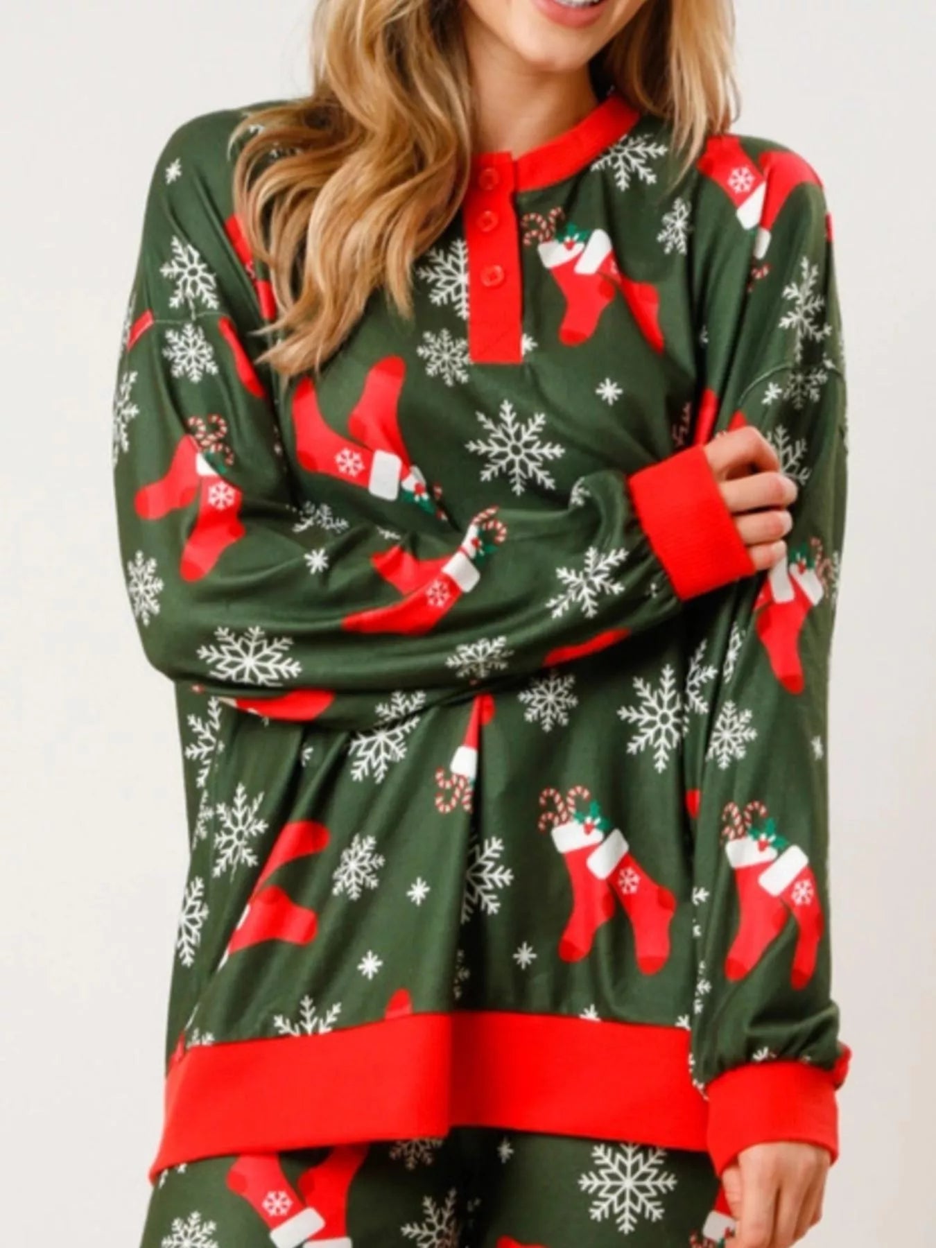 Christmas Long Sleeve Top and Pants Lounge Set - Green