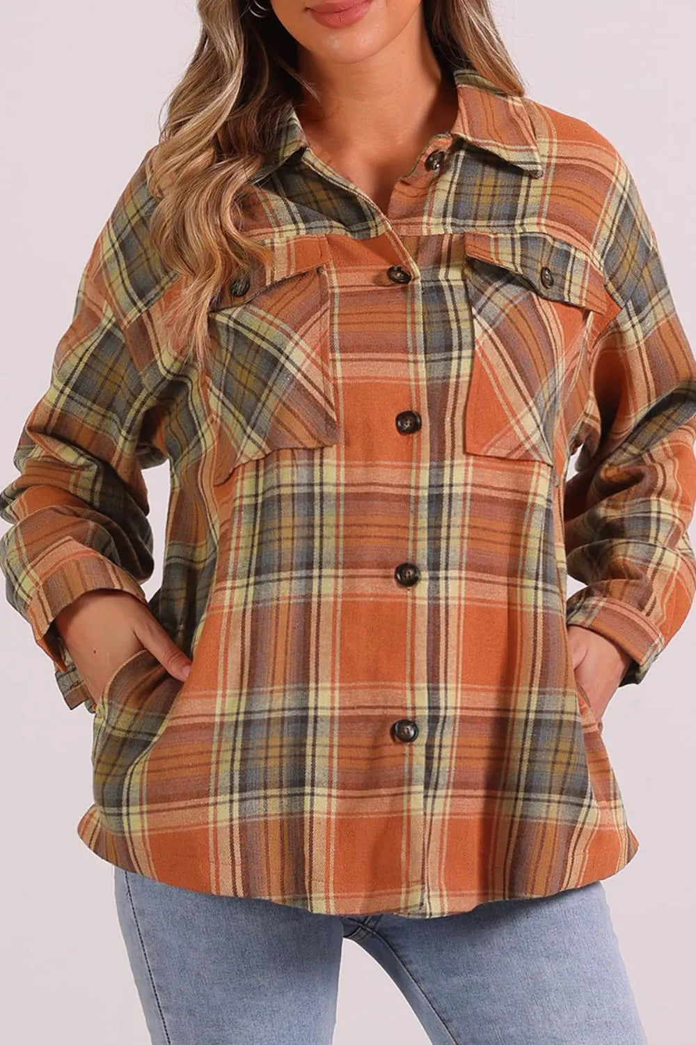Plaid Collared Neck Long Sleeve Shirt - Caramel