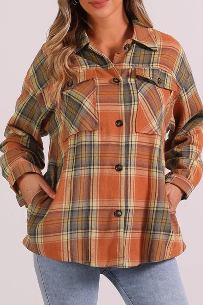 Plaid Collared Neck Long Sleeve Shirt - Caramel