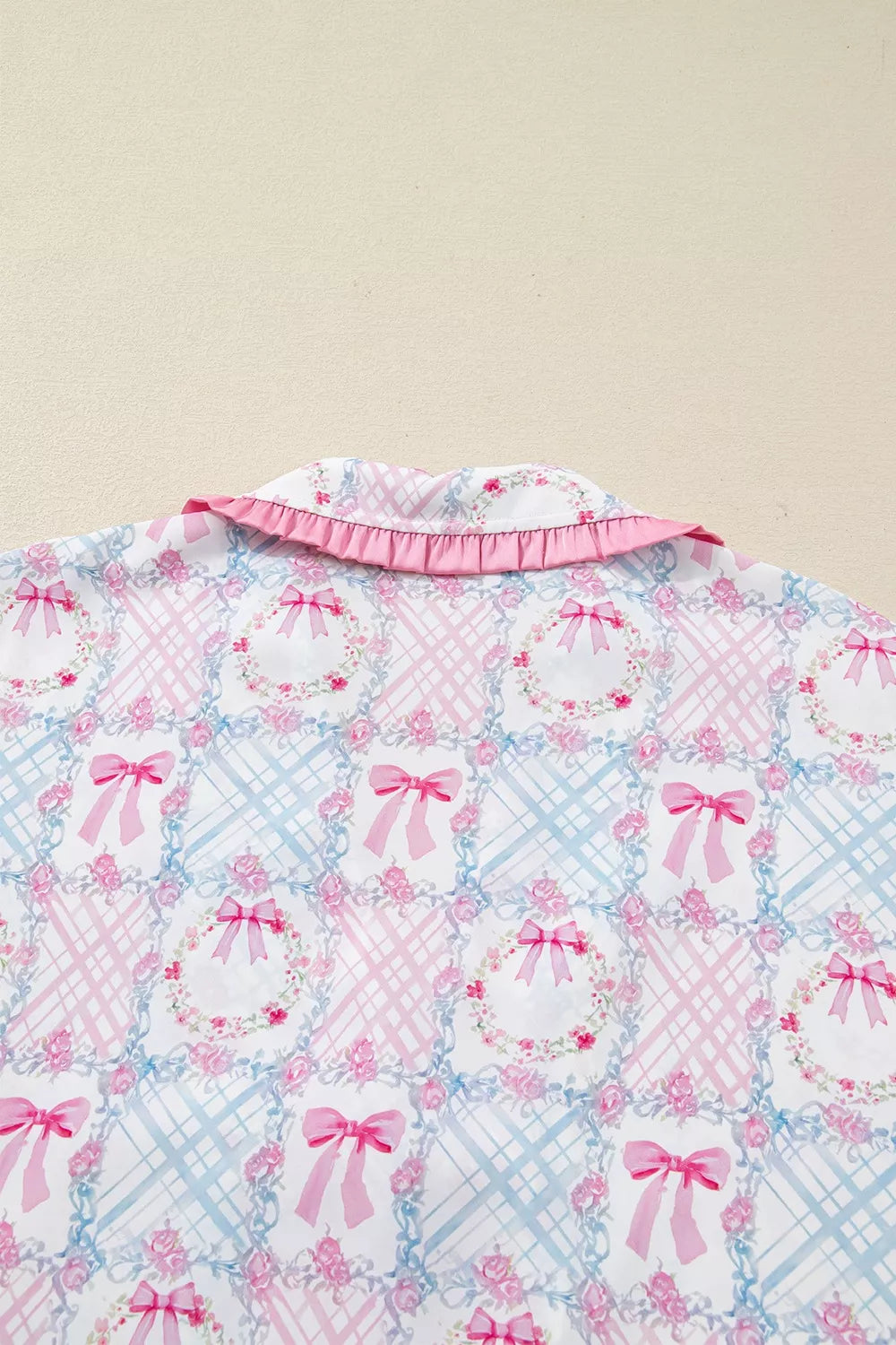 Wreath Pattern Tied Front Long Sleeve Pajama Set -