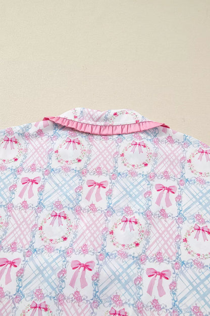 Wreath Pattern Tied Front Long Sleeve Pajama Set -