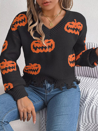 Pumpkin Pattern Raw Hem V-Neck Sweater - Black