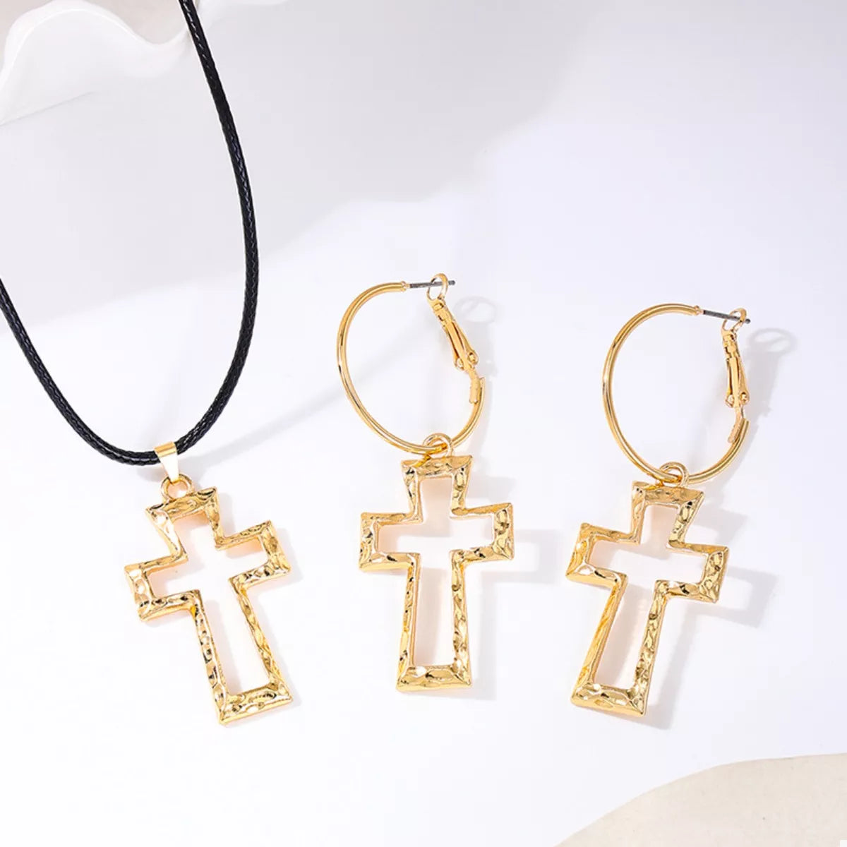 Cross Pendant Necklace and Hoop Earrings Jewelry Set -