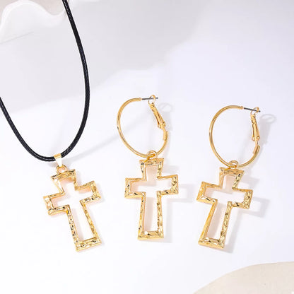 Cross Pendant Necklace and Hoop Earrings Jewelry Set -