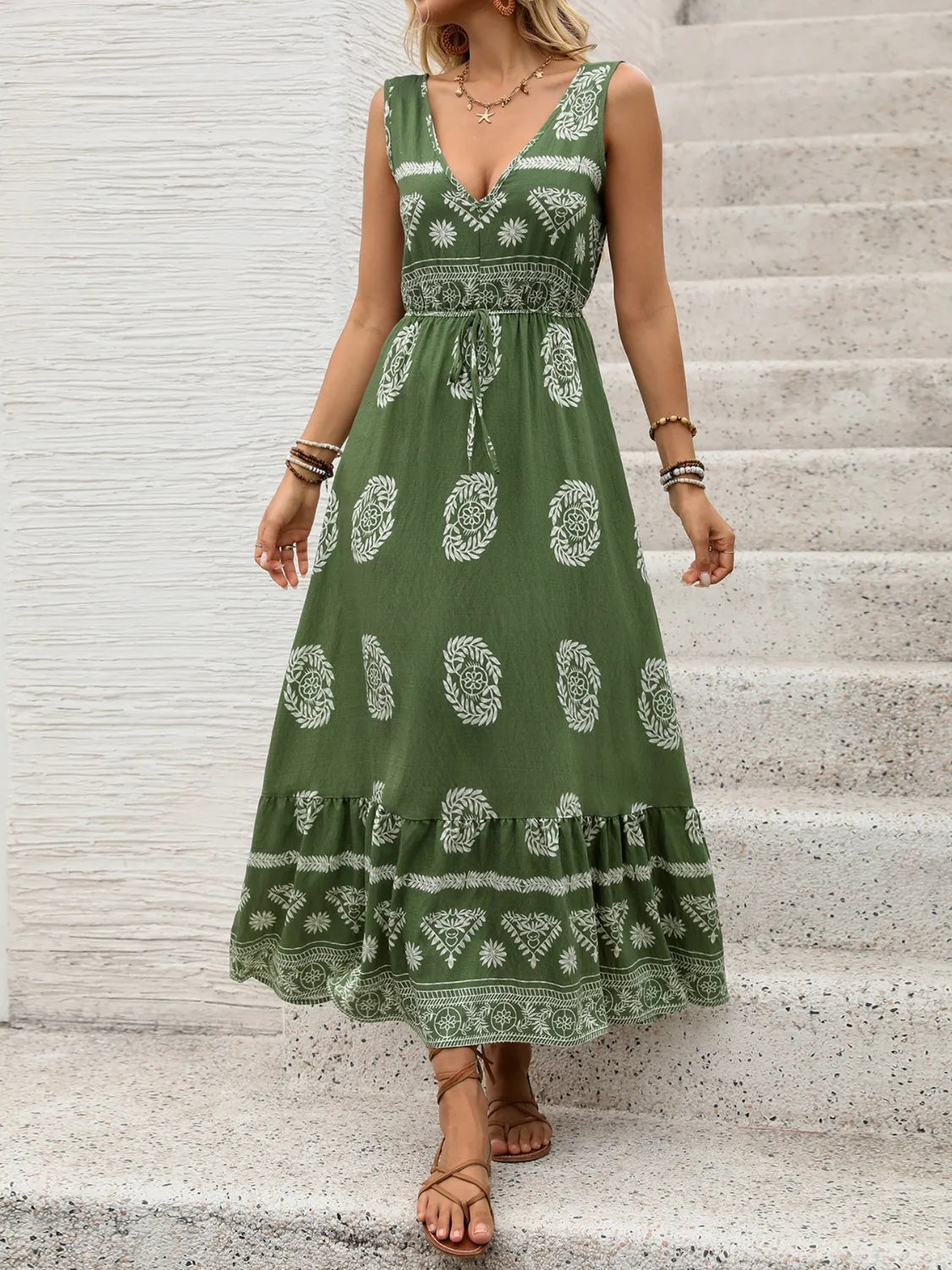 Printed V-Neck Sleeveless Dress -