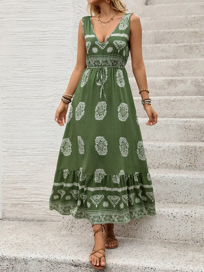 Printed V-Neck Sleeveless Dress -