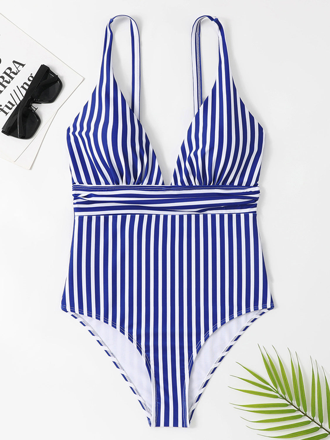 Striped Plunge Sleeveless One-Piece Swimwear | AdoreStarr