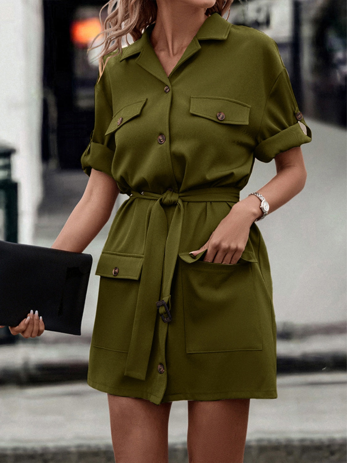 Tie Waist Collared Dress - Army Green