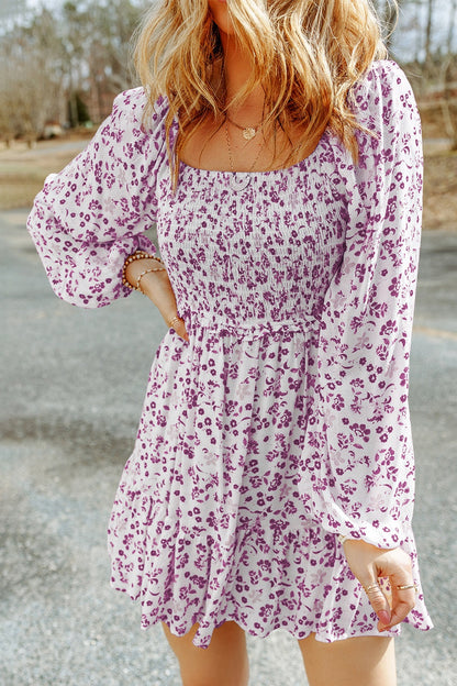 Smocked Floral Square Neck Balloon Sleeve Dress - Violet