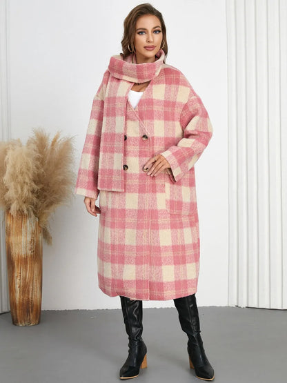 Plaid Button Up Long Sleeve Coat - Burnt Coral