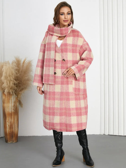 Plaid Button Up Long Sleeve Coat - Burnt Coral