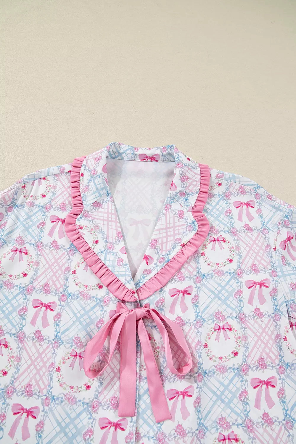 Wreath Pattern Tied Front Long Sleeve Pajama Set -