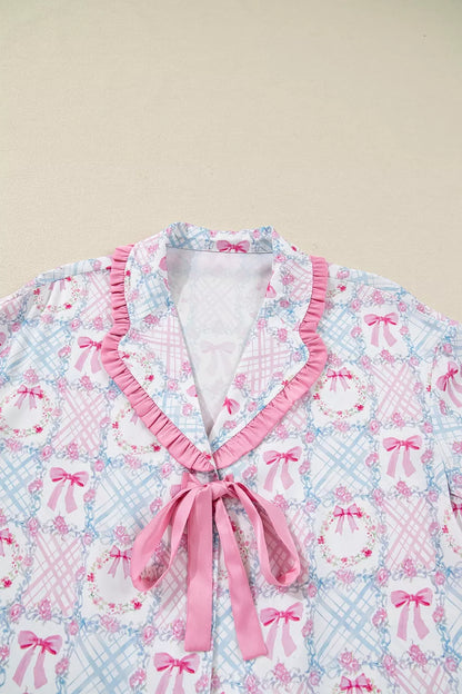 Wreath Pattern Tied Front Long Sleeve Pajama Set -