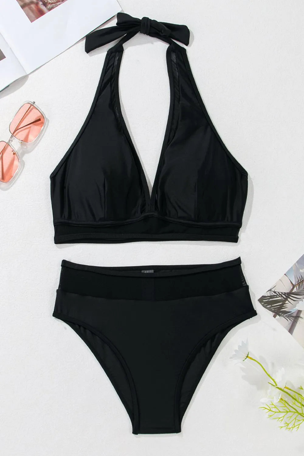 Sheer Mesh Edged Halter V-Neck Push Up Bikini Set -