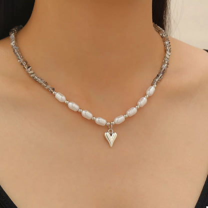 Pearl & Heart Pendant Necklace - Style C One Size