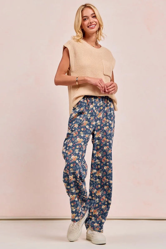 Washed Floral Print Wide Leg Jeans - Denim