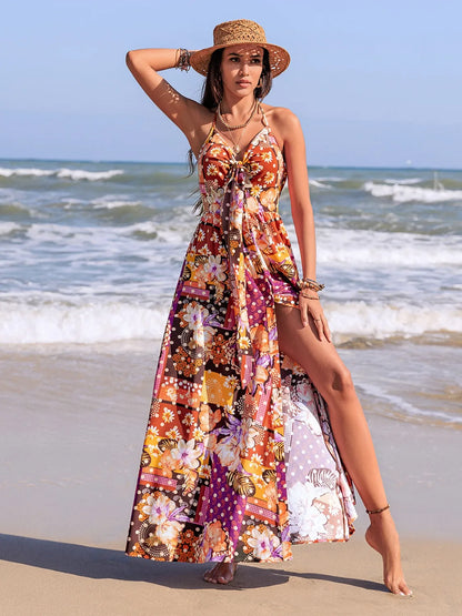 Slit Printed Halter Neck Cami Dress -