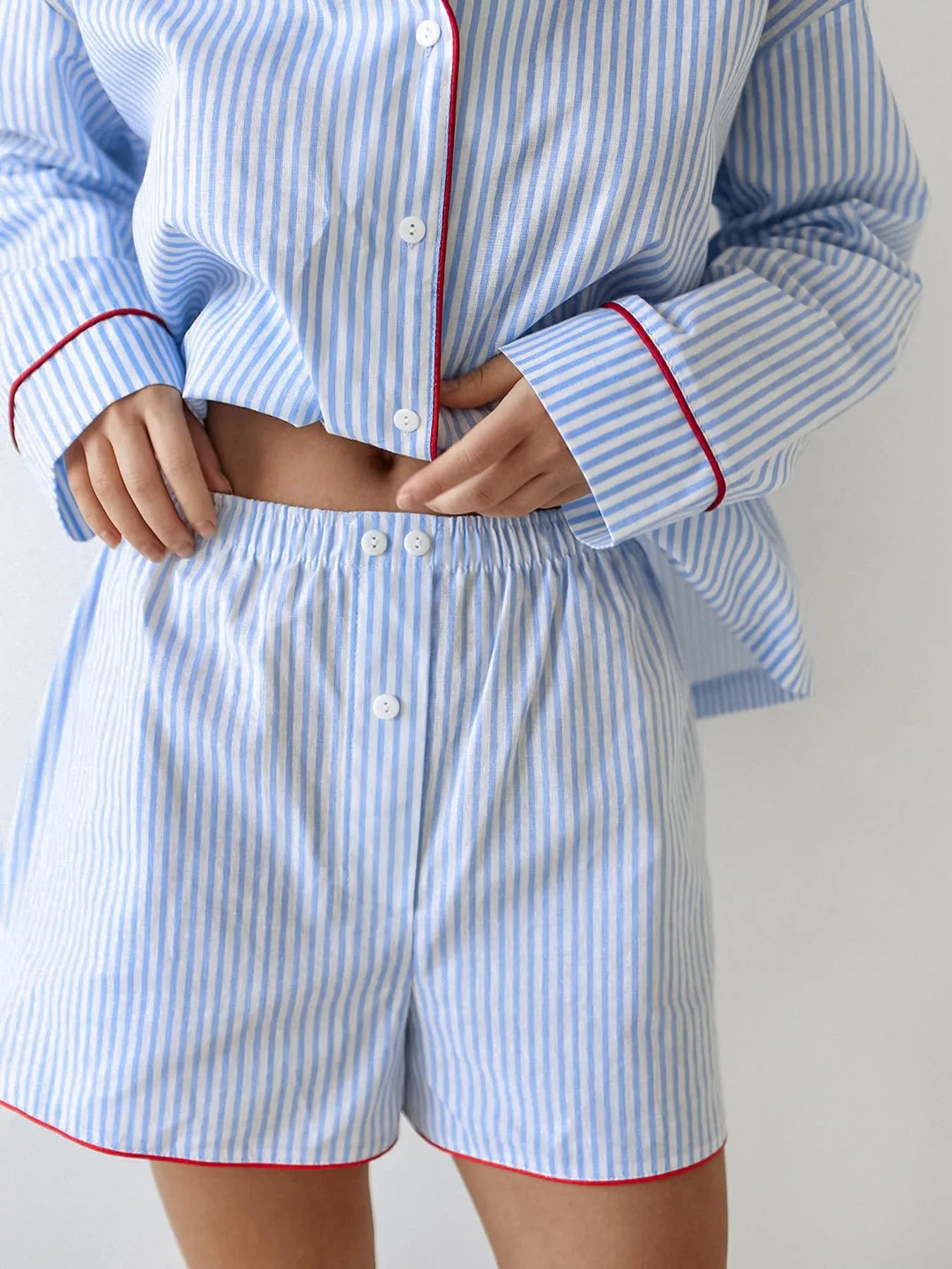 Striped Button Up Shirt and Shorts Lounge Set -
