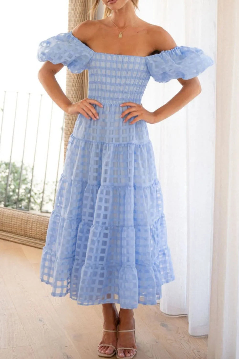 Off Shoulder Short Puff Sleeve Midi Dress -