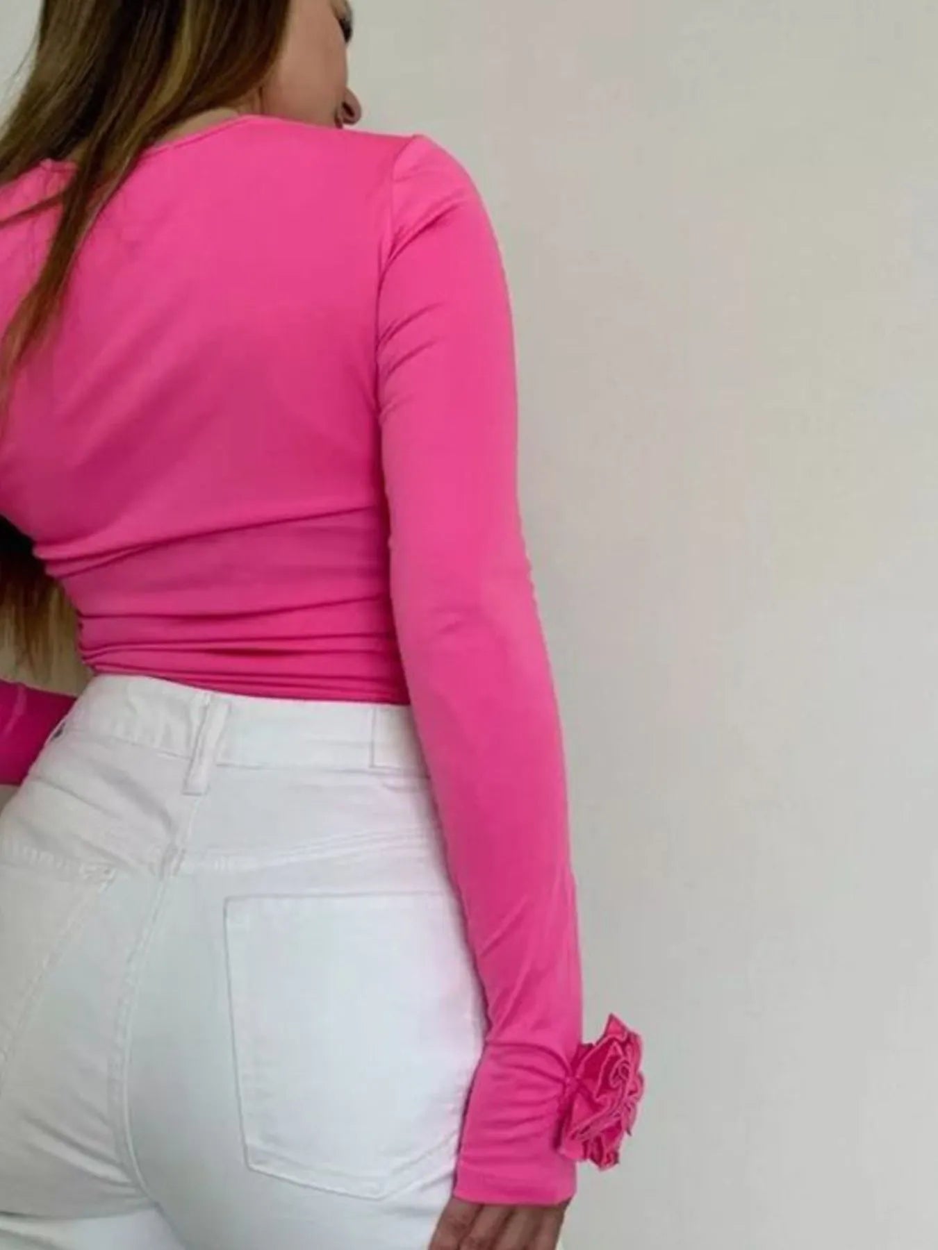 Flower Round Neck Long Sleeve T-Shirt - Hot Pink